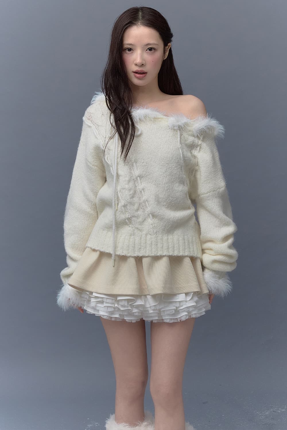 더티스 오프 숄더 엔젤 케이블 니트 (화이트) 상품이미지1