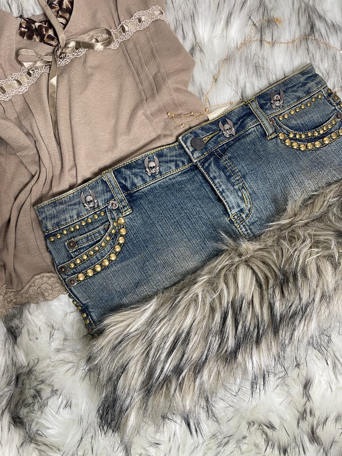 빈티지 퍼 커스텀 스터드 스커트 로우라이즈 상품이미지3