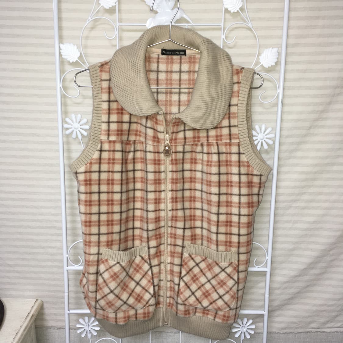 jpn vintage 베이지 핑크 카라 체크 플리스 집업 상품이미지5