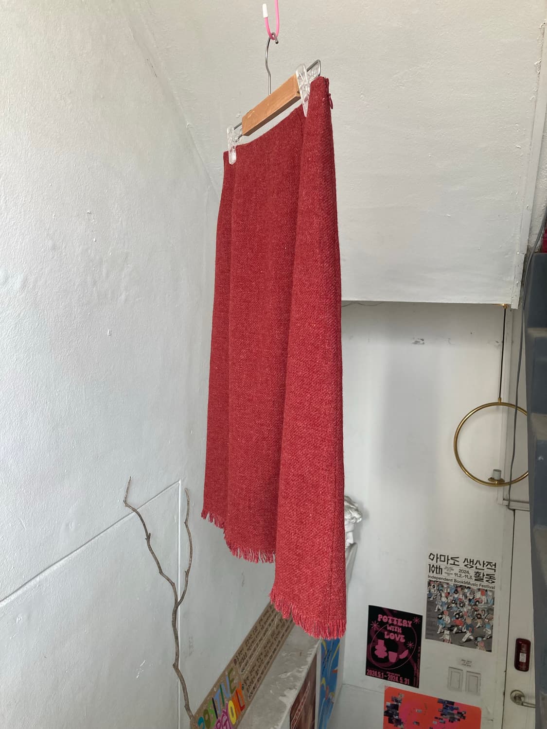 울 프린지 버건디 미디 스커트 상품이미지3