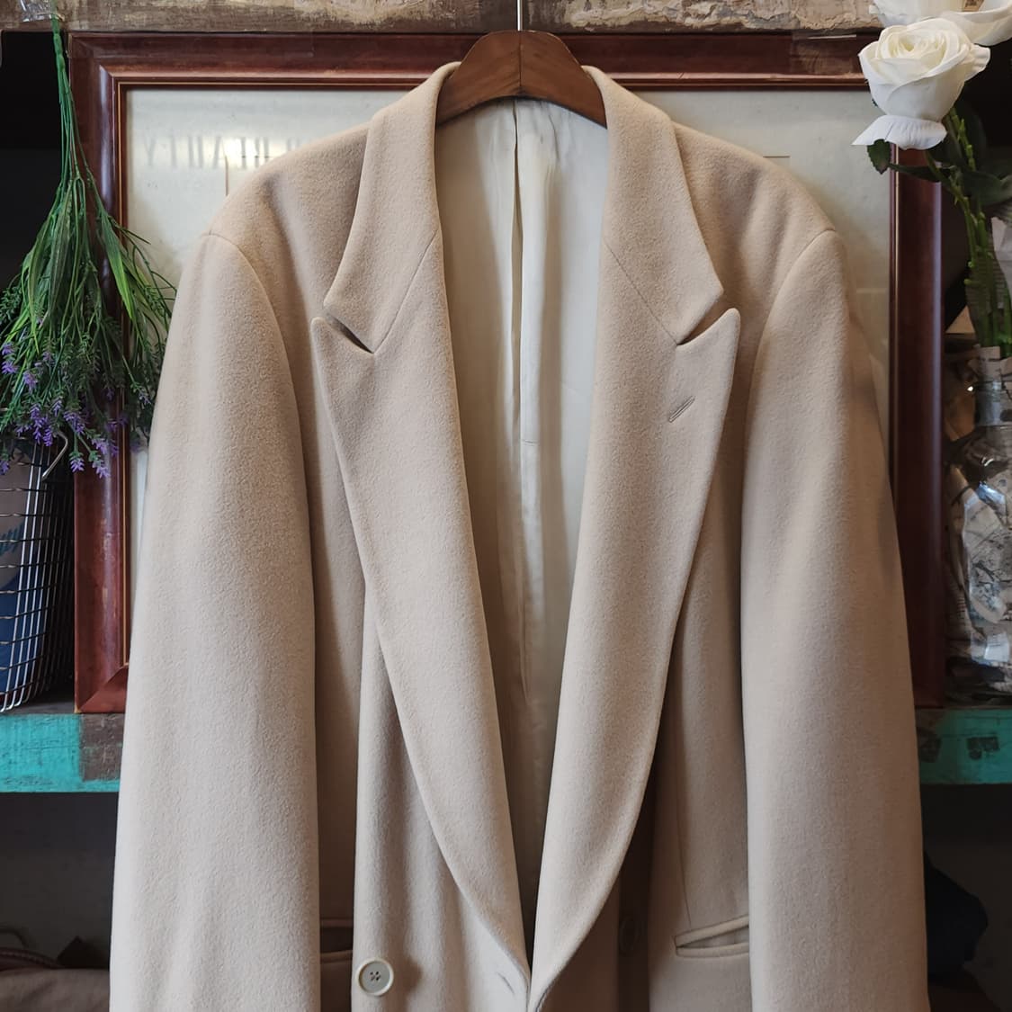 90s 조르지오 아르마니 울코트 피크드 라펠 버진울 더블코트 크림색 52 상품이미지4
