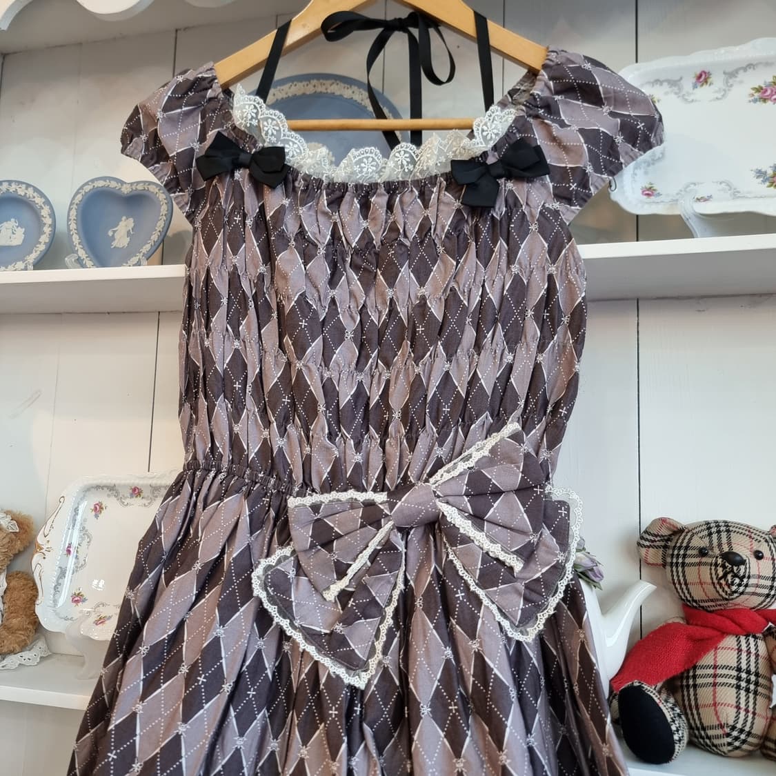 빈티지 다이아몬드 패턴 리본 원피스 상품이미지7
