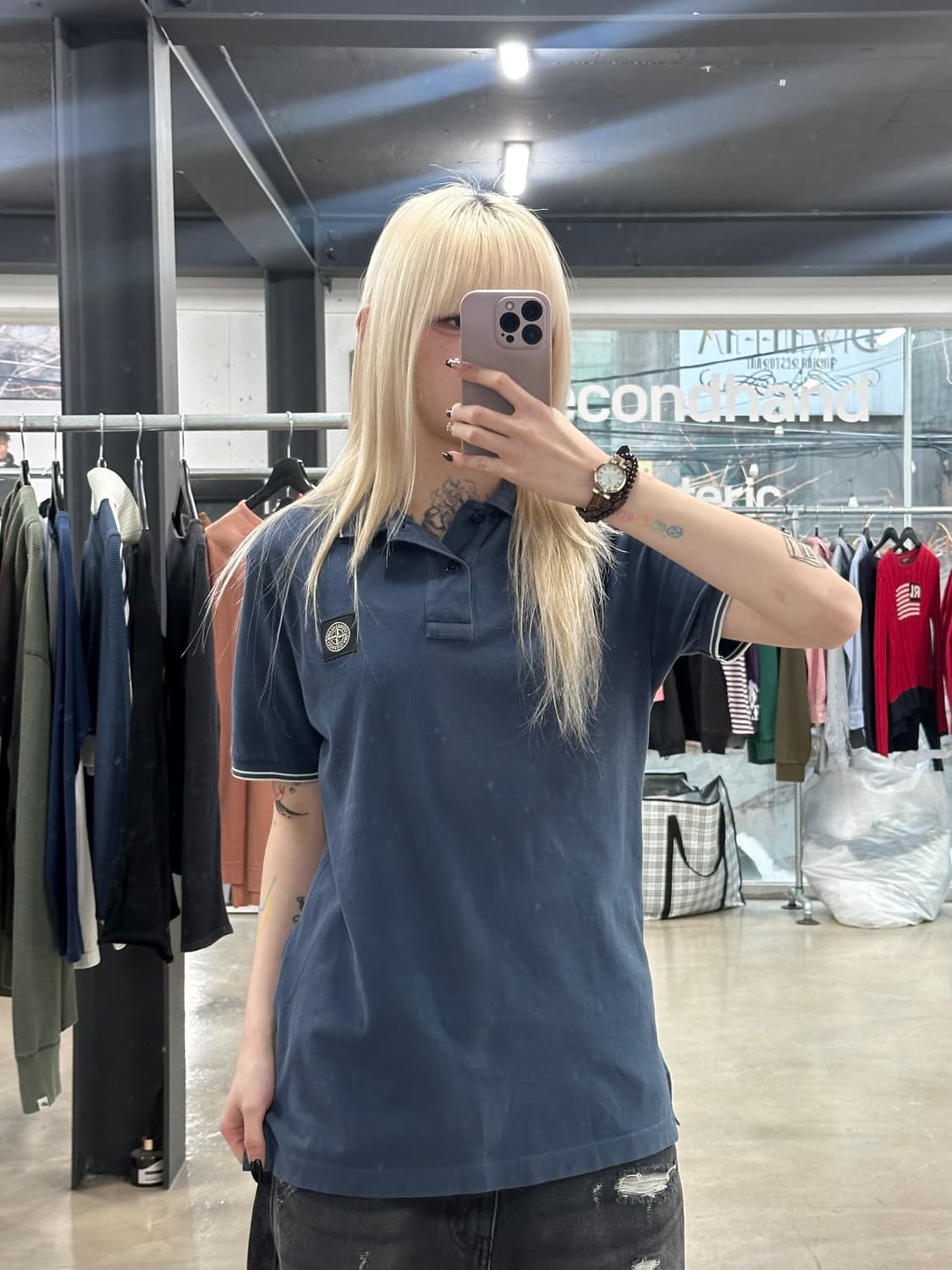 스톤아일랜드 로고 패치 카라 반팔티 블루 상품이미지1