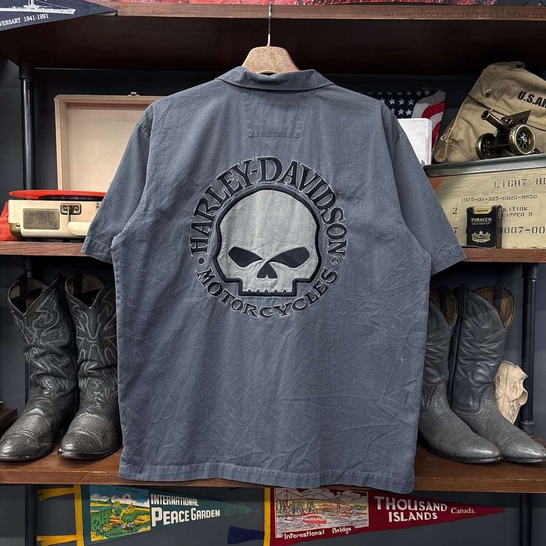 00s 할리데이비슨 윌리 G 스컬 엠브로이드 코튼 바이커 셔츠 N1186 상품이미지2
