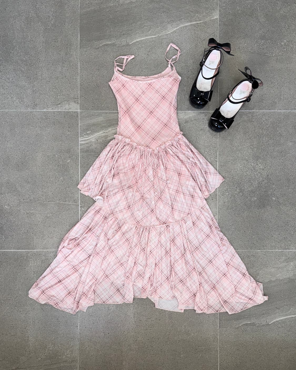 Baby pink check chiffon layered ops 상품이미지1