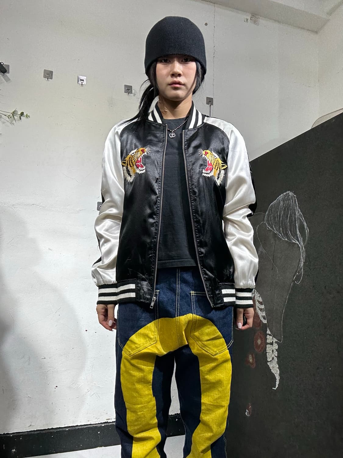 일본빈티지 Modish 블랙 화이트 호랑이 스카잔 M 상품이미지3