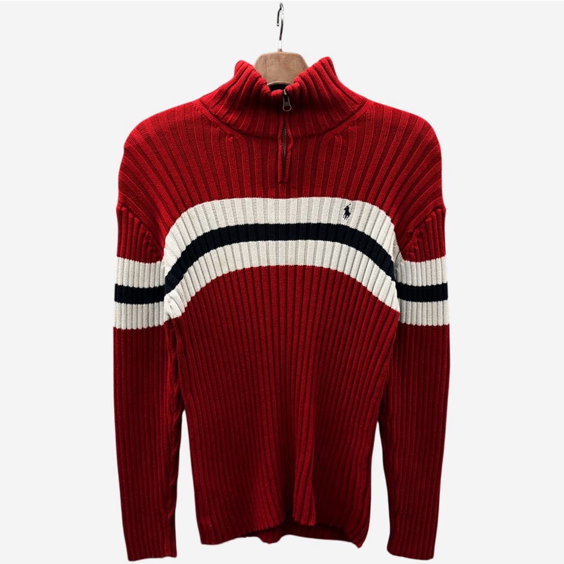 폴로 랄프로렌 스트라이프 하프집업 니트 리브드 코튼 컬러라인 디테일 레드 상품이미지1