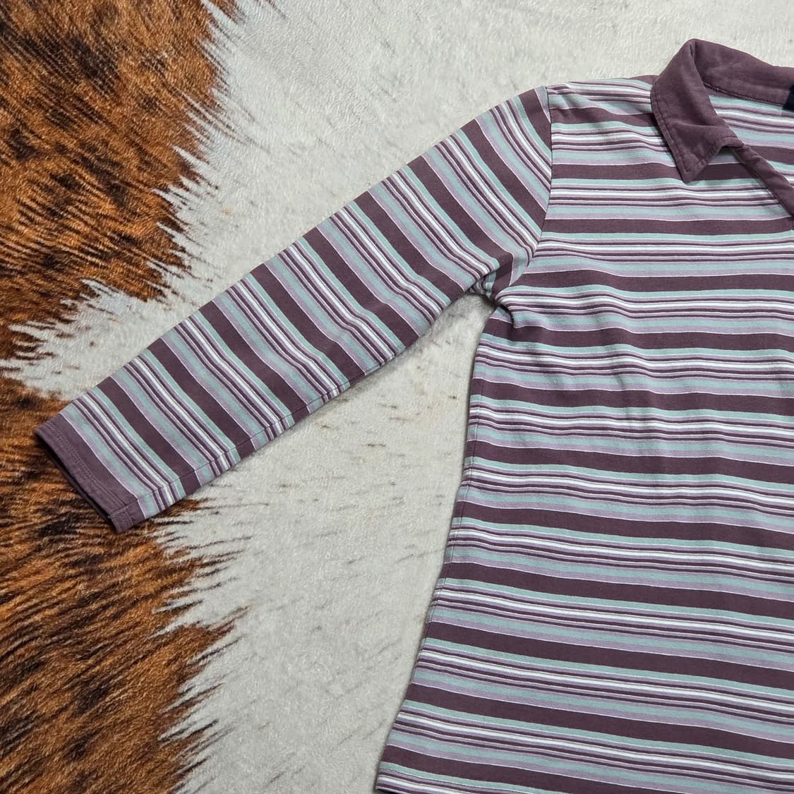 일본 빈티지 퍼플 스트라이프 7부 카라 티셔츠 상품이미지3