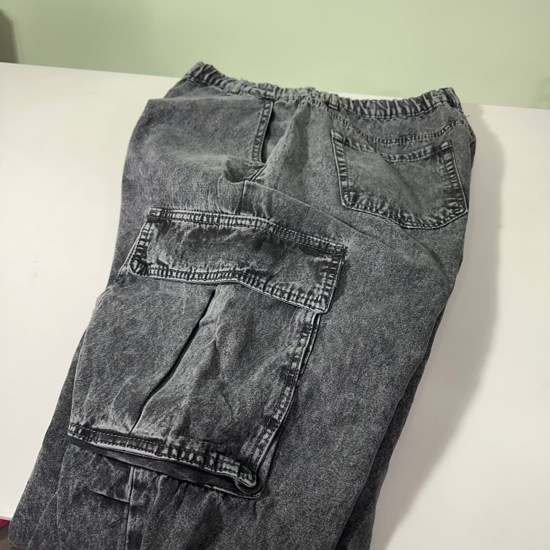 M-L 빈티지 루즈핏 빈티지블랙 워시드 밑단스트링 밴딩 카고팬츠 상품이미지1