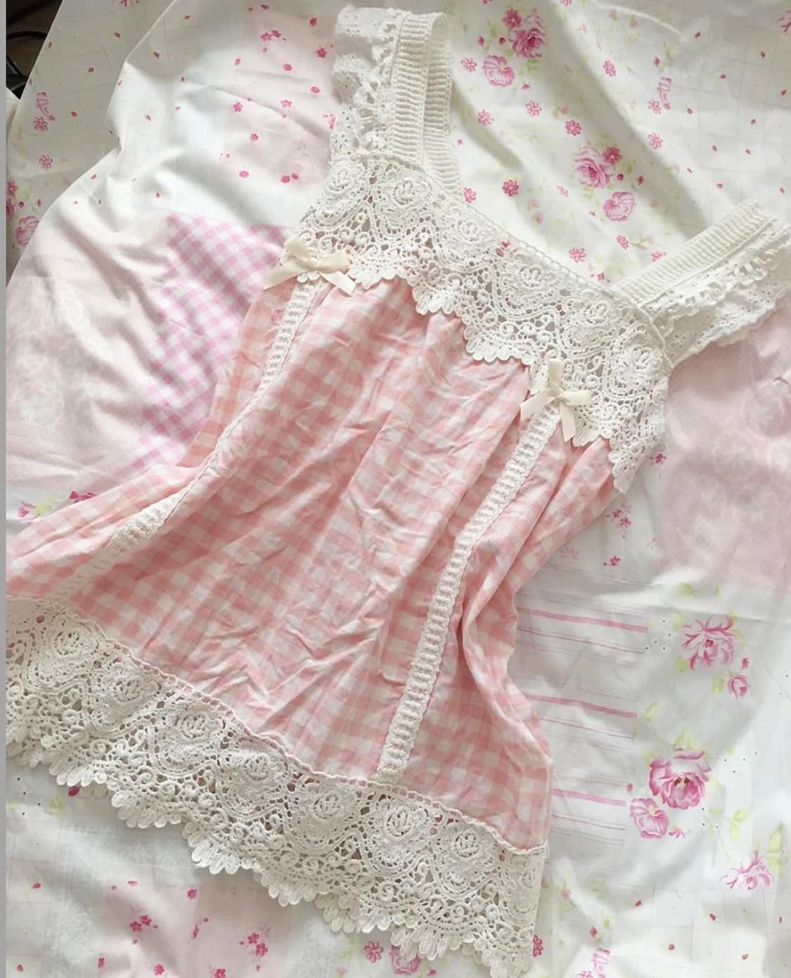 빈티지 모리 페어리 핑크 체크 슬리브리스 로사체리 레스트로즈 리즈리사 상품이미지1