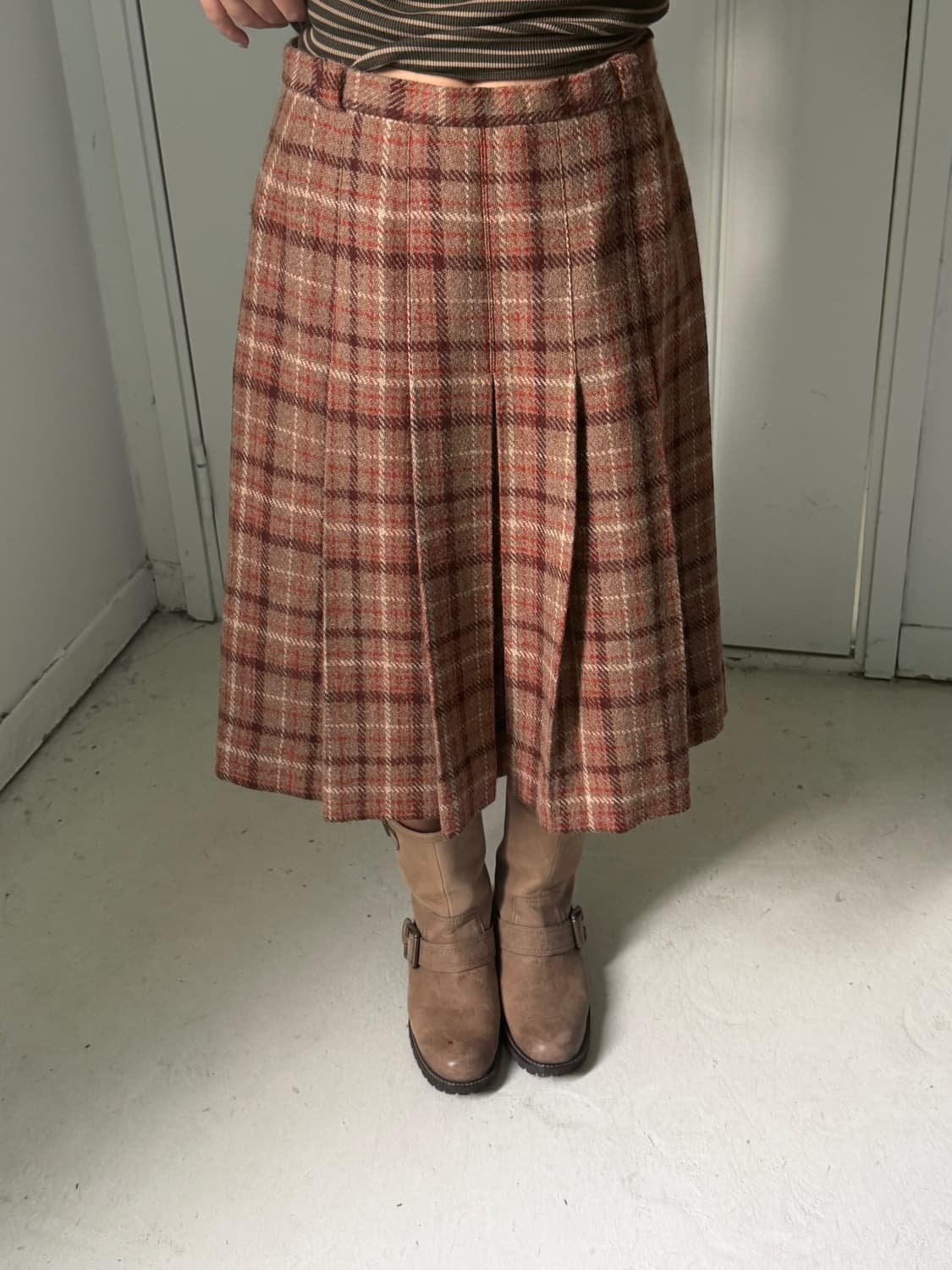 일본빈티지 울 체크 플리츠 미디스커트 상품이미지2
