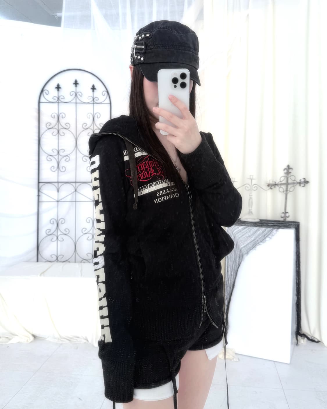 Y2K 펑크 레터링 스터드 투웨이 후드 집업 상품이미지7