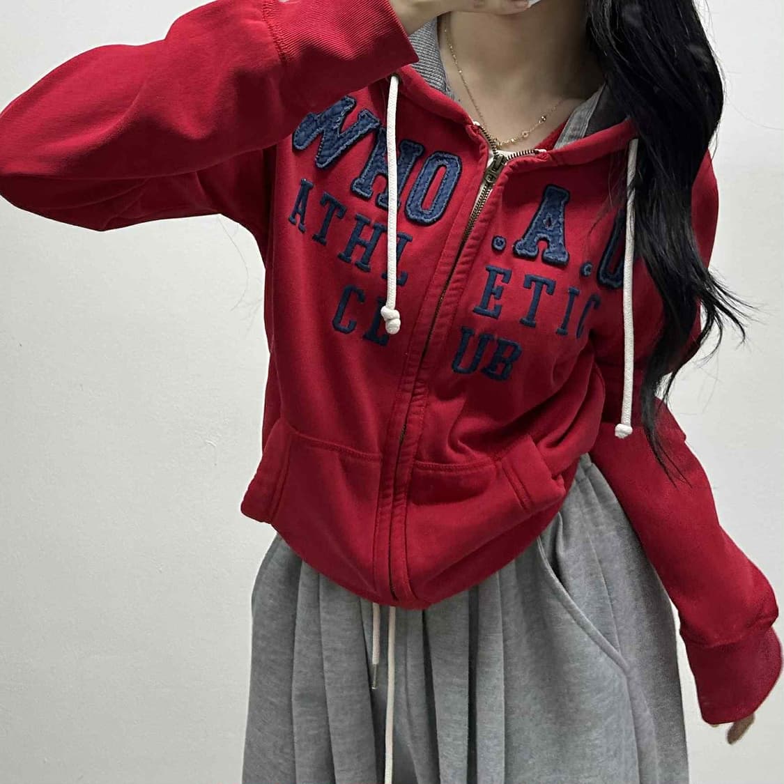 후아유 y2k 레드 올드스쿨 스웻 후드집업 희귀져지(L) 상품이미지1