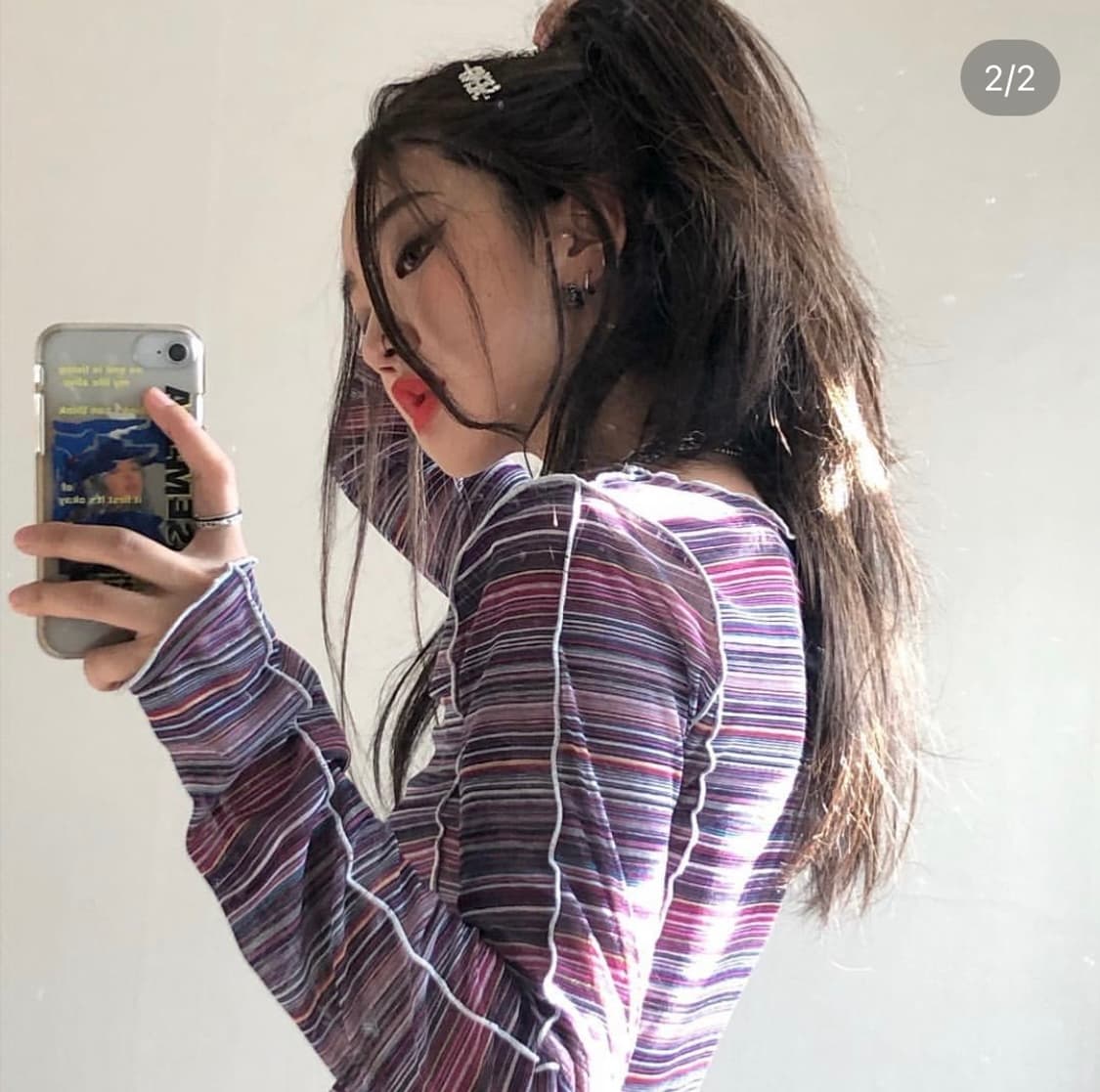 Aeeau 스트라이프 시스루 탑 롱슬리브 긴팔 상품이미지3