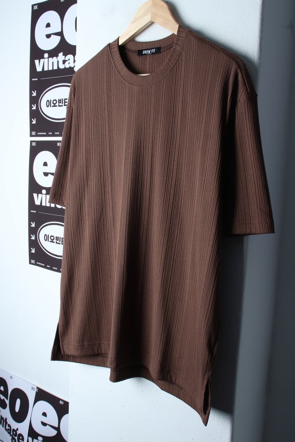 (XL-2XL) 드로우핏 반팔 티셔츠 스트라이프 골지 브라운-H32047 상품이미지1