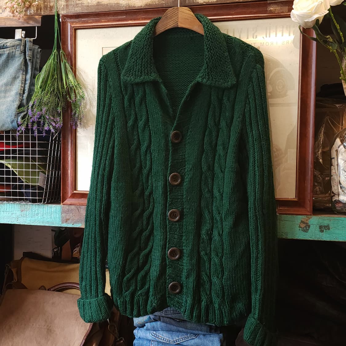 90s 프렌치 핸드메이드 울 가디건 스웨터 케이블 패턴 포레스트 그린 상품이미지2