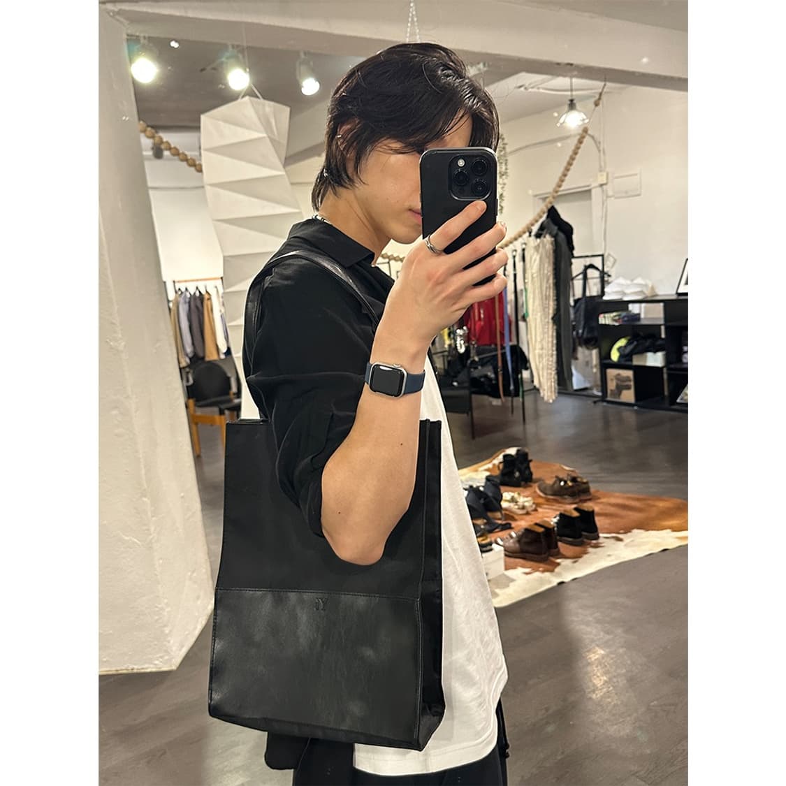 요지야마모토 레더 트리밍 토트백 상품이미지3