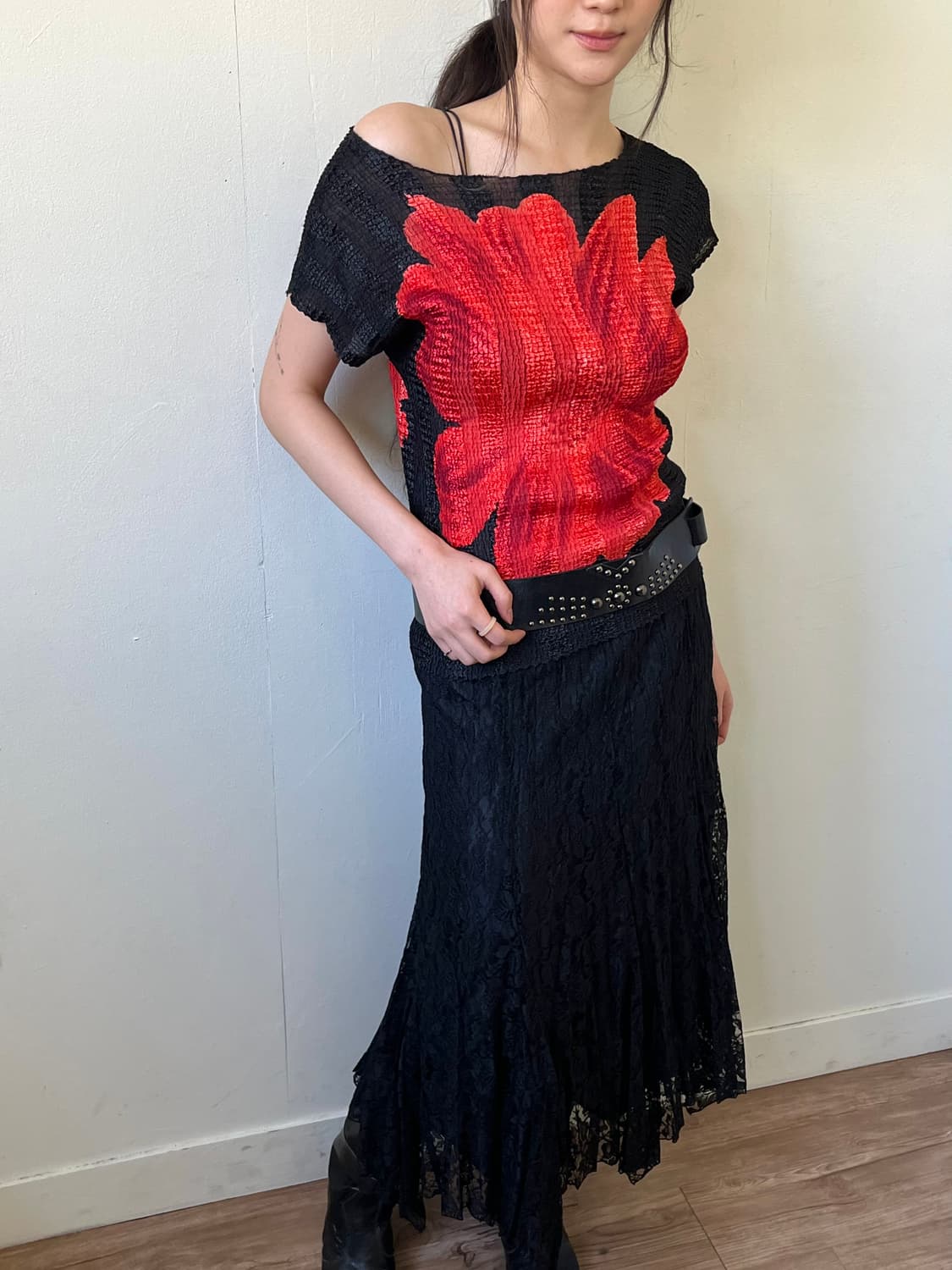 Japan vtg 플라워 플리츠 탑 상품이미지4