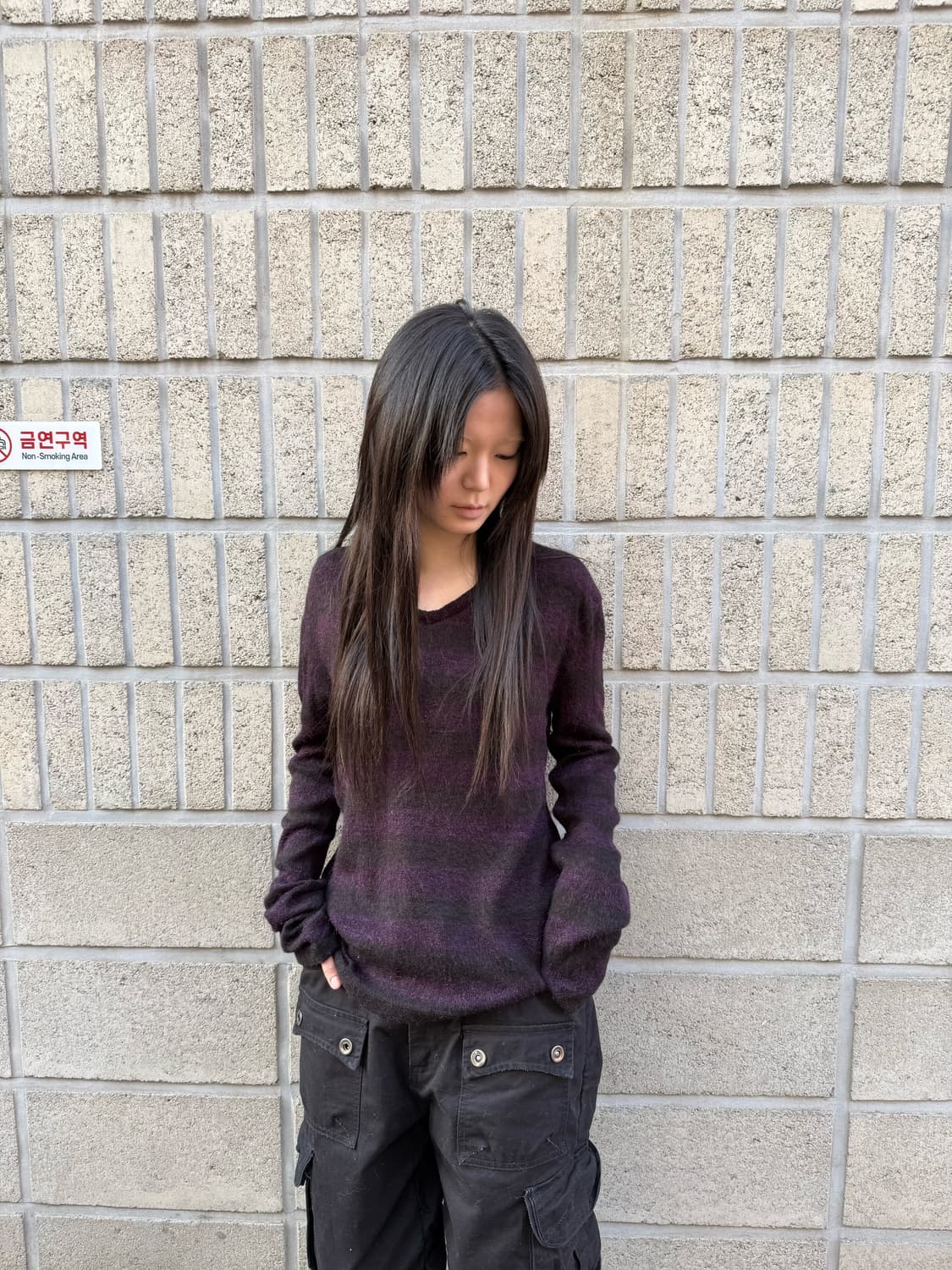 블랙&퍼플 스트라이프 슬림 니트 상품이미지4