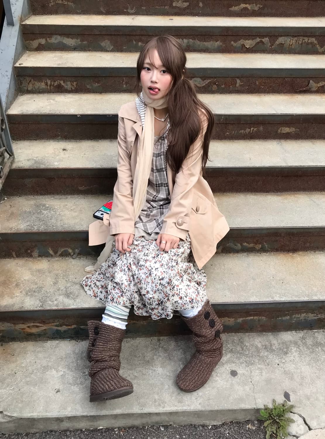 베이지 패턴 하구미 너드 모리걸 야상 코디세트 상품이미지1