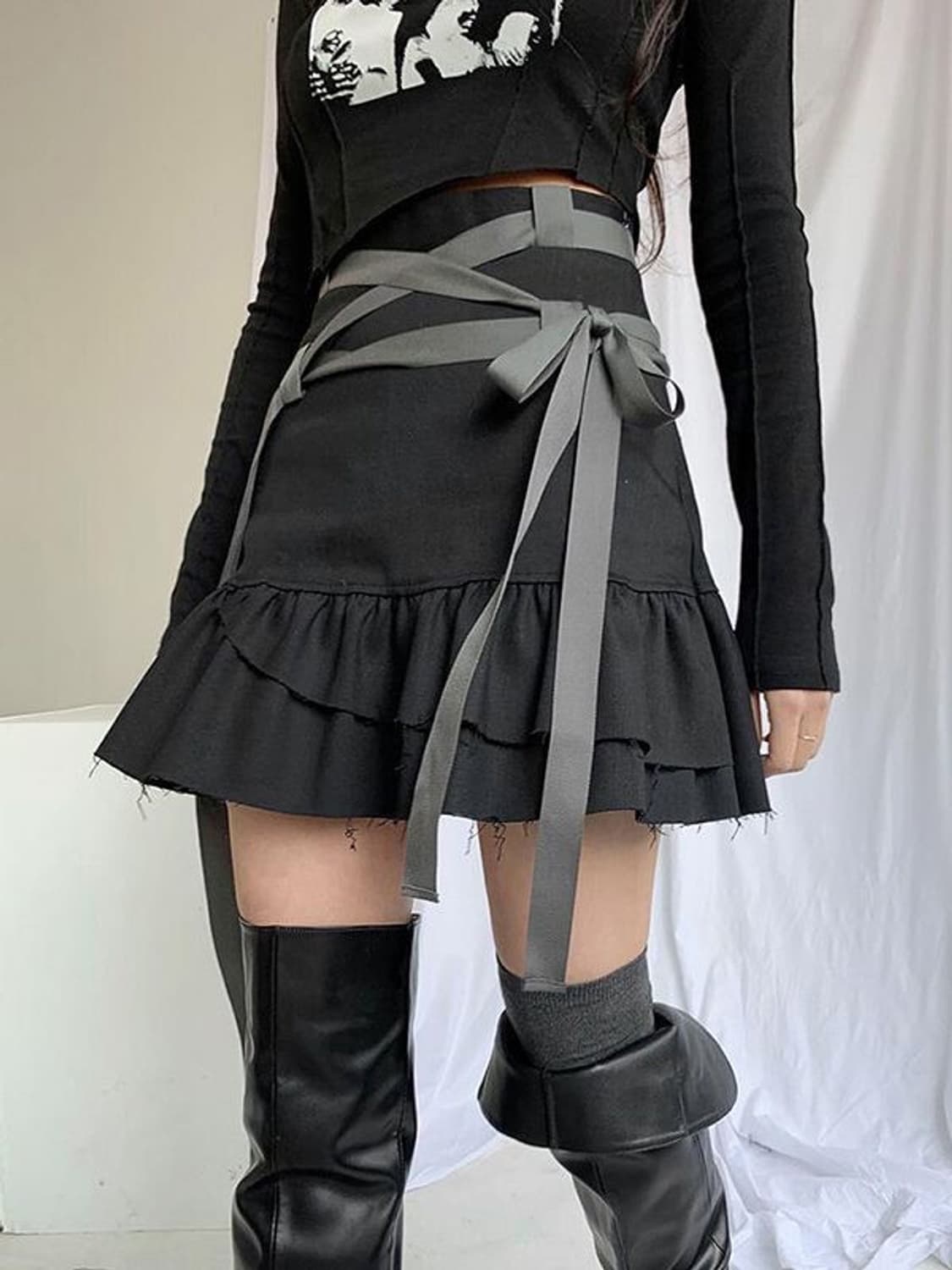 드라이로즈 롱 테이프 프릴 미니스커트 빈티지 깔 상품이미지2