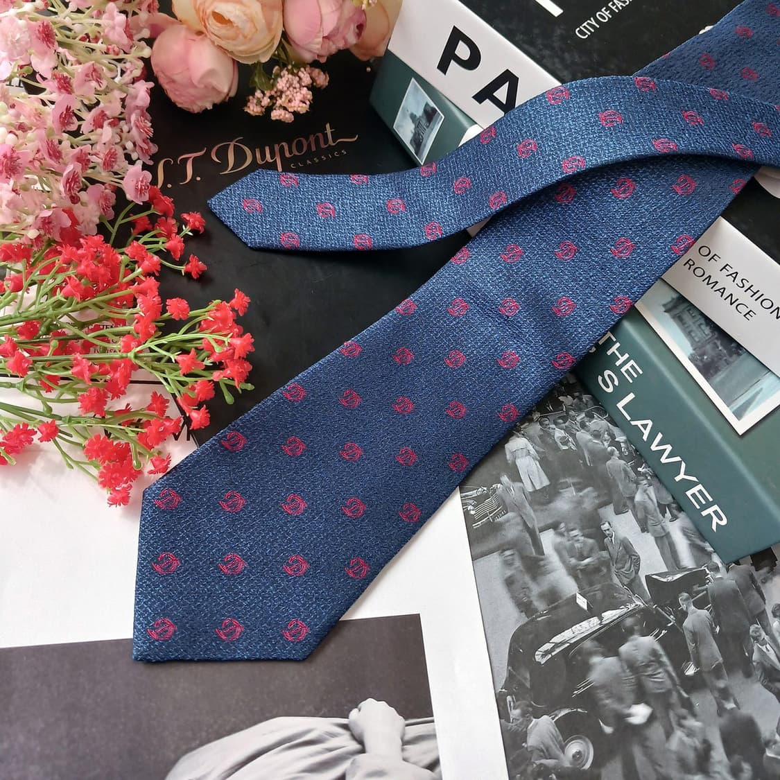 에스.티. 듀퐁 네이비 로고 패턴 넥타이 8cm S~A+등급 E952 상품이미지3