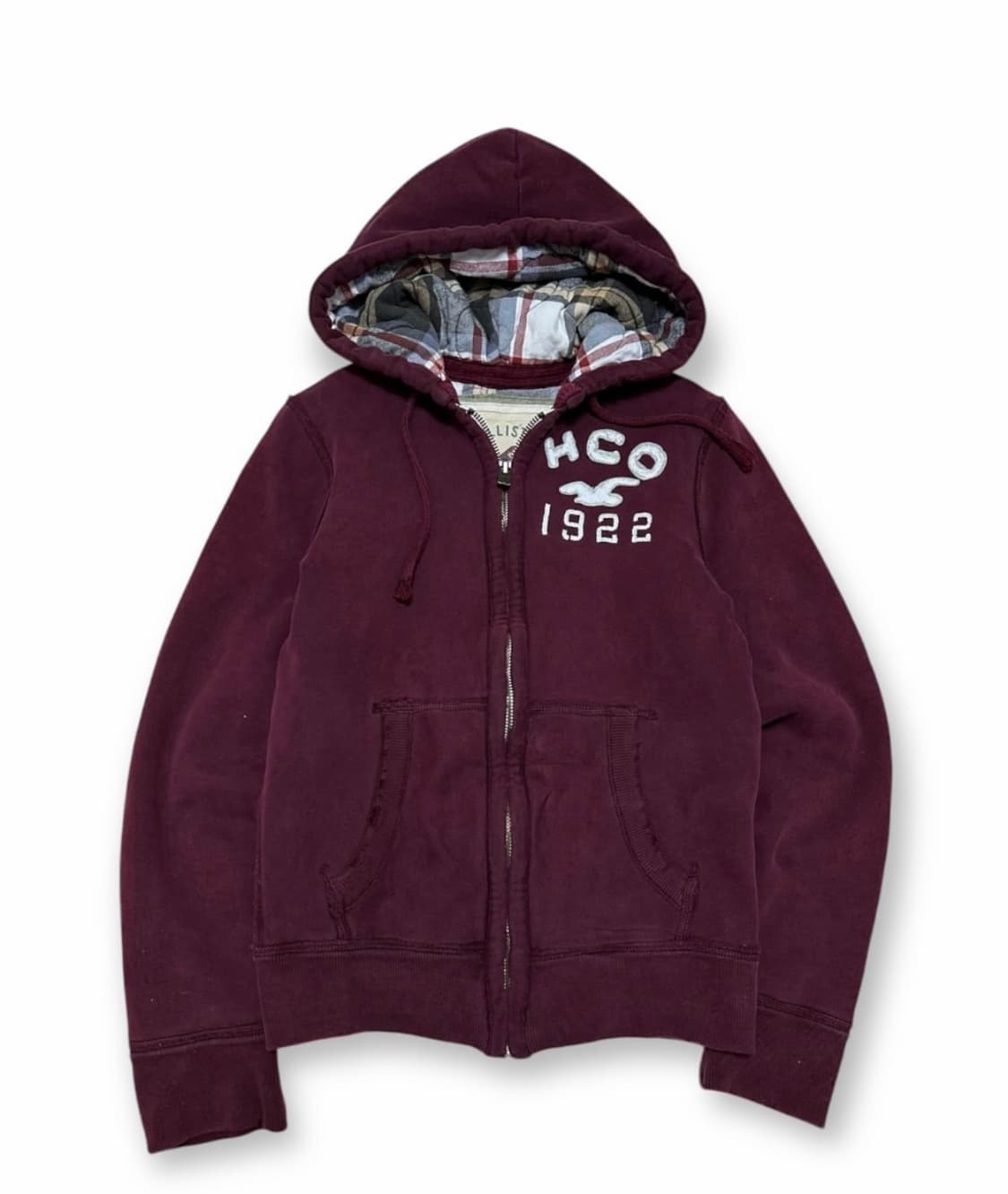 홀리스터 안감 체크 버건디 후드집업 상품이미지1