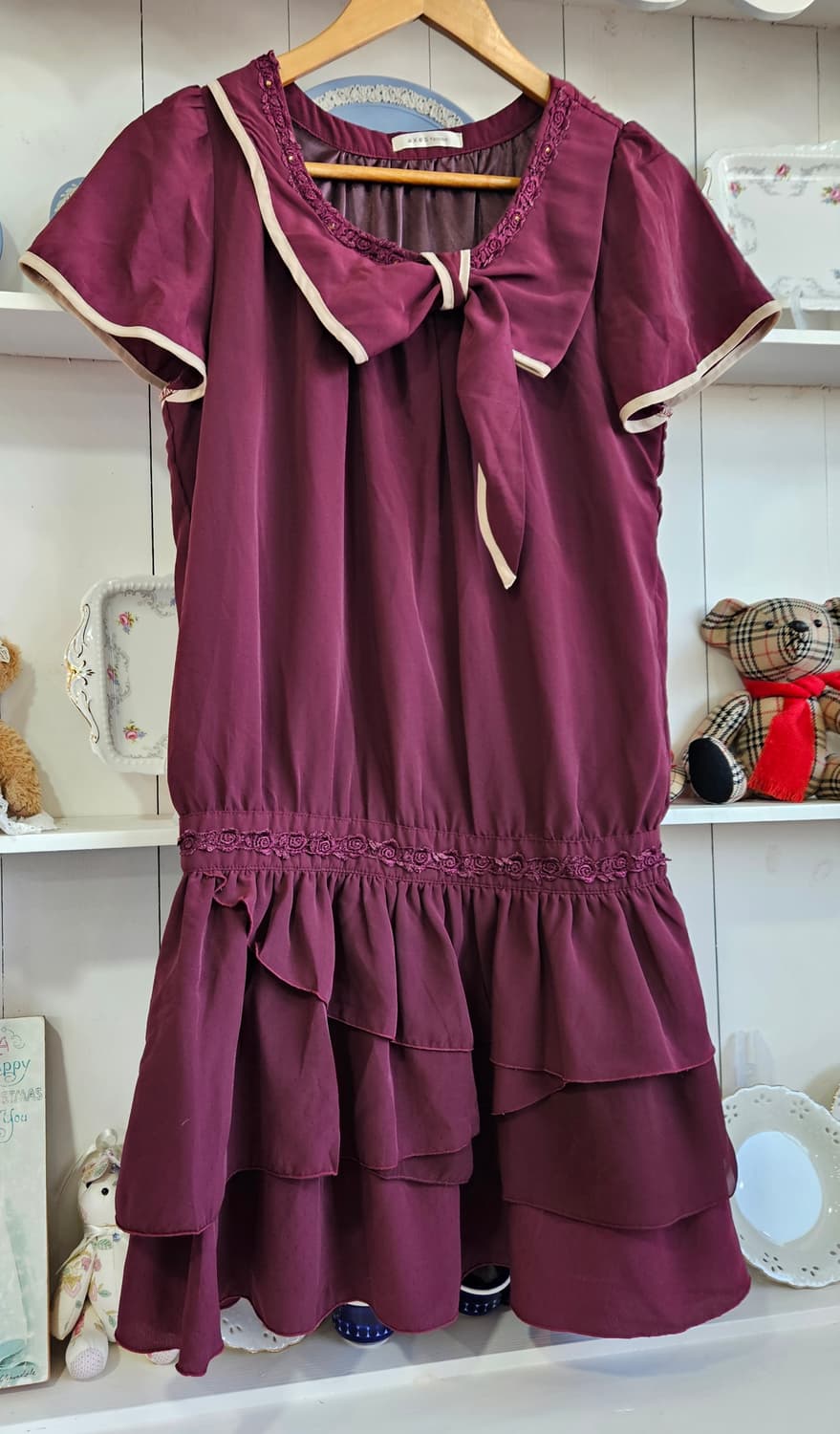 엑시즈팜(Axes Femme) 와인 레이어드 리본 원피스 상품이미지2