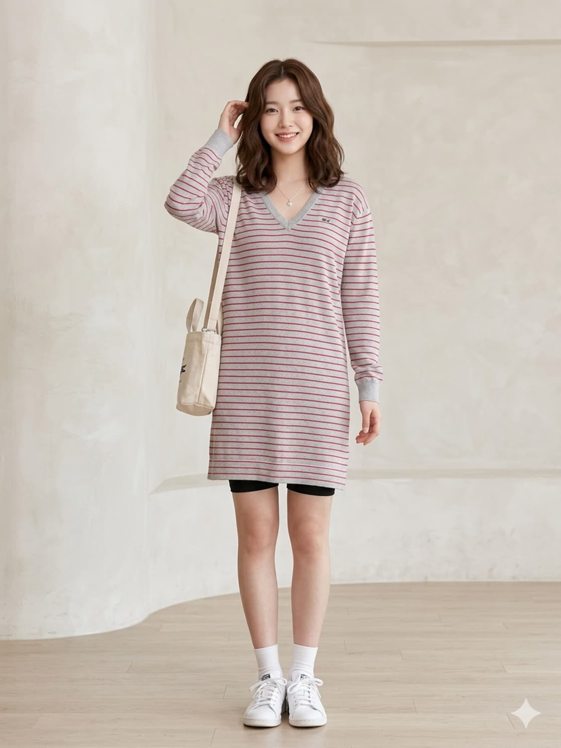 라코스테 브이넥 스트라이프 울 롱 니트/원피스 상품이미지1