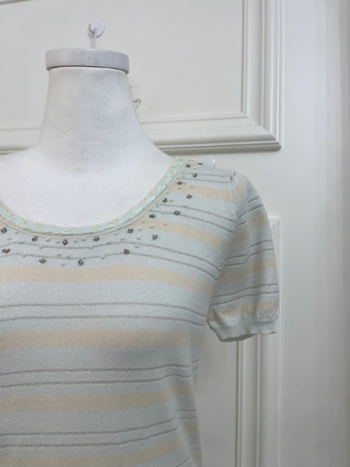 mint beige silver line puff lovely top 상품이미지6