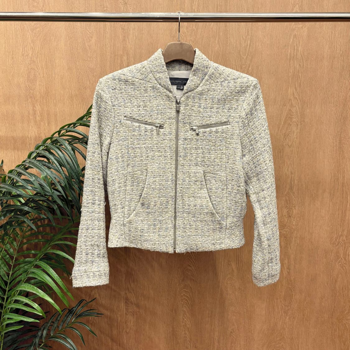 띠어리 긴팔 트위드 집업 메탈 포켓 지퍼 사이드 포켓 디테일 그레이 상품이미지1