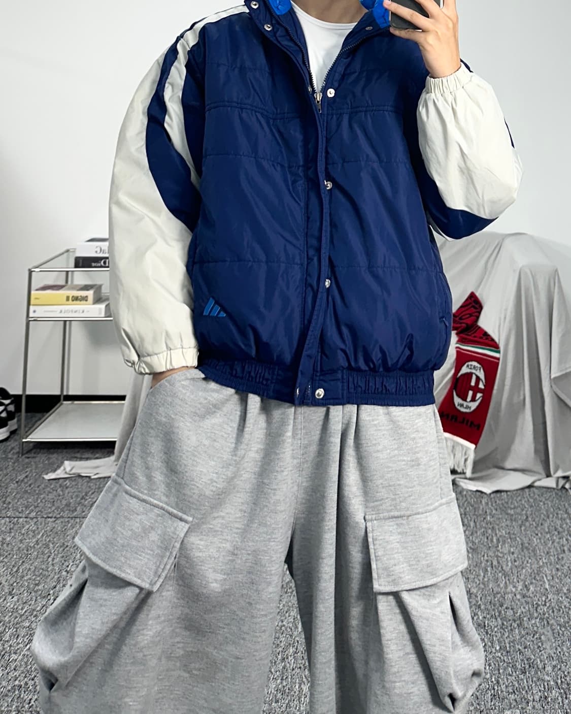 아디다스 90s 블루 배색 누빔 점퍼 XL 상품이미지4