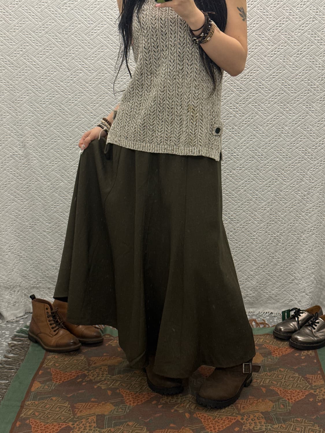 빈티지 캐주얼 모리 딥말차카키 플레어 롱스커트 K0146 상품이미지1