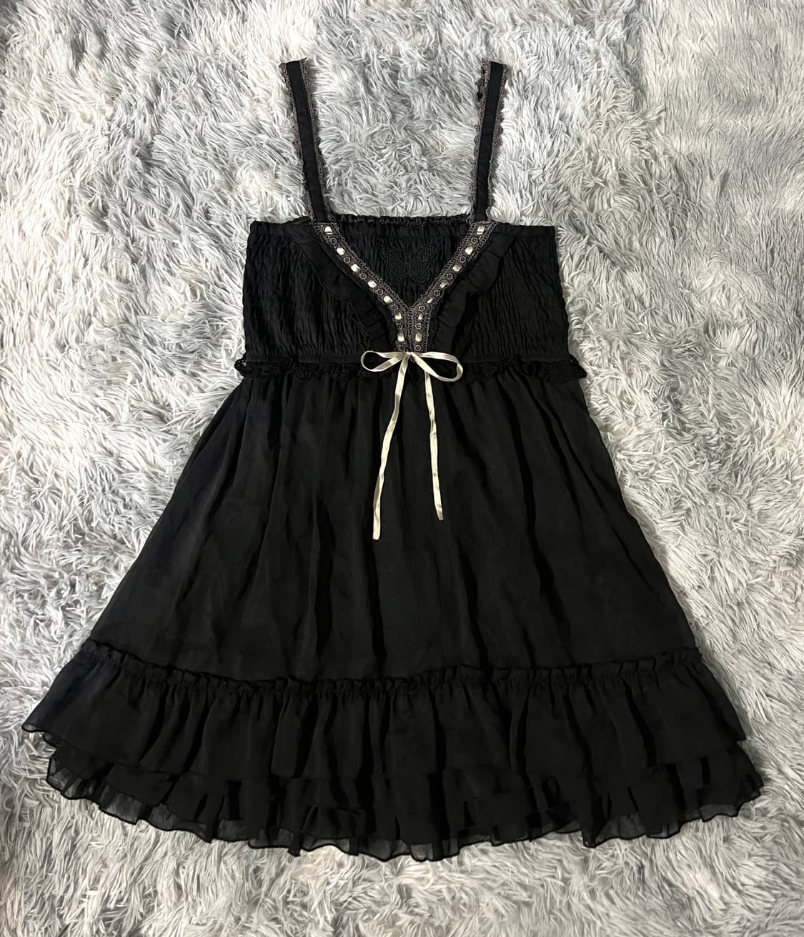 엑시즈팜 엔틱 에스닉 나비 자수 레이스 슬리브리스 쉬폰 블랙 원피스 상품이미지8