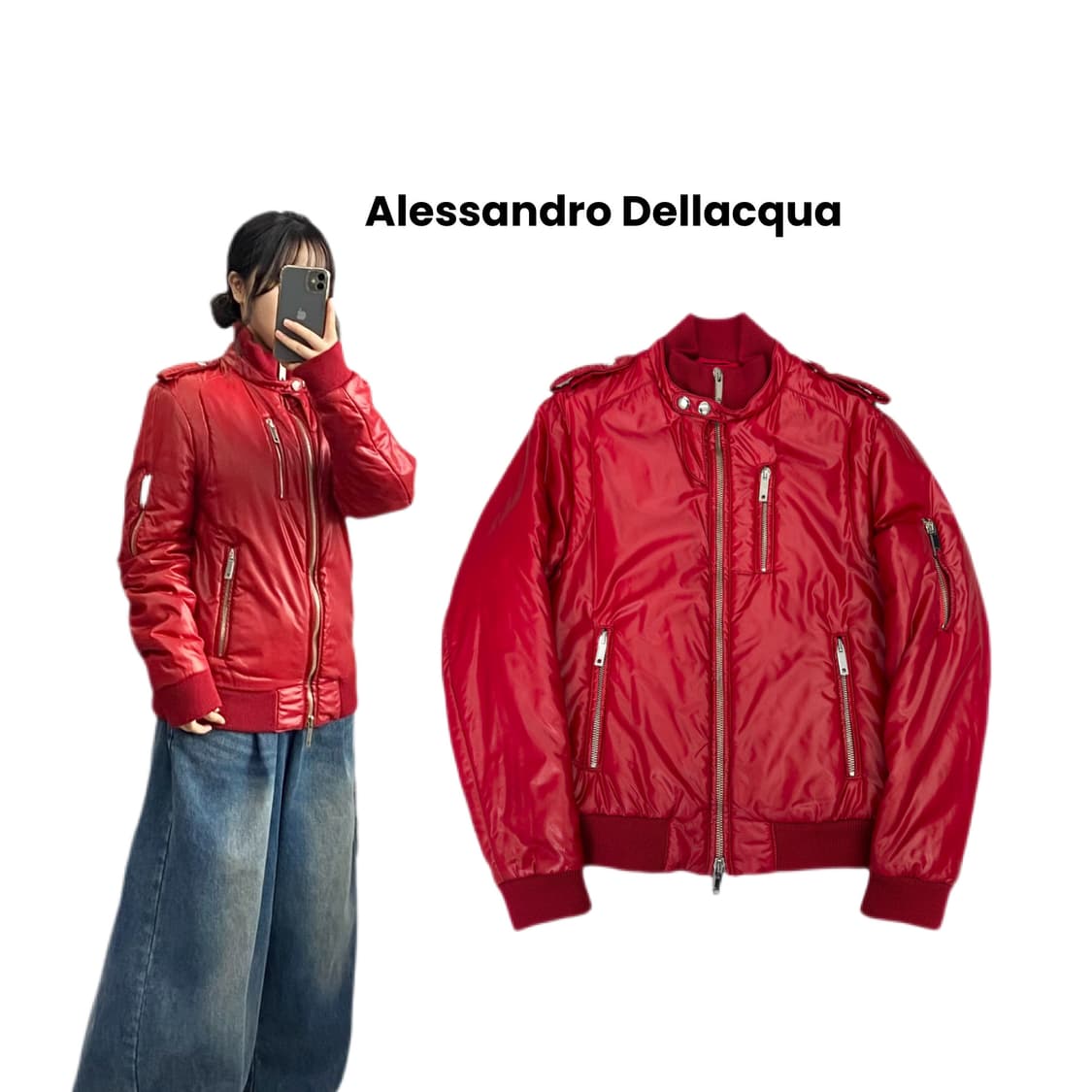 알레산드로 델라쿠아 유광 바이커 패딩 레드 상품이미지1