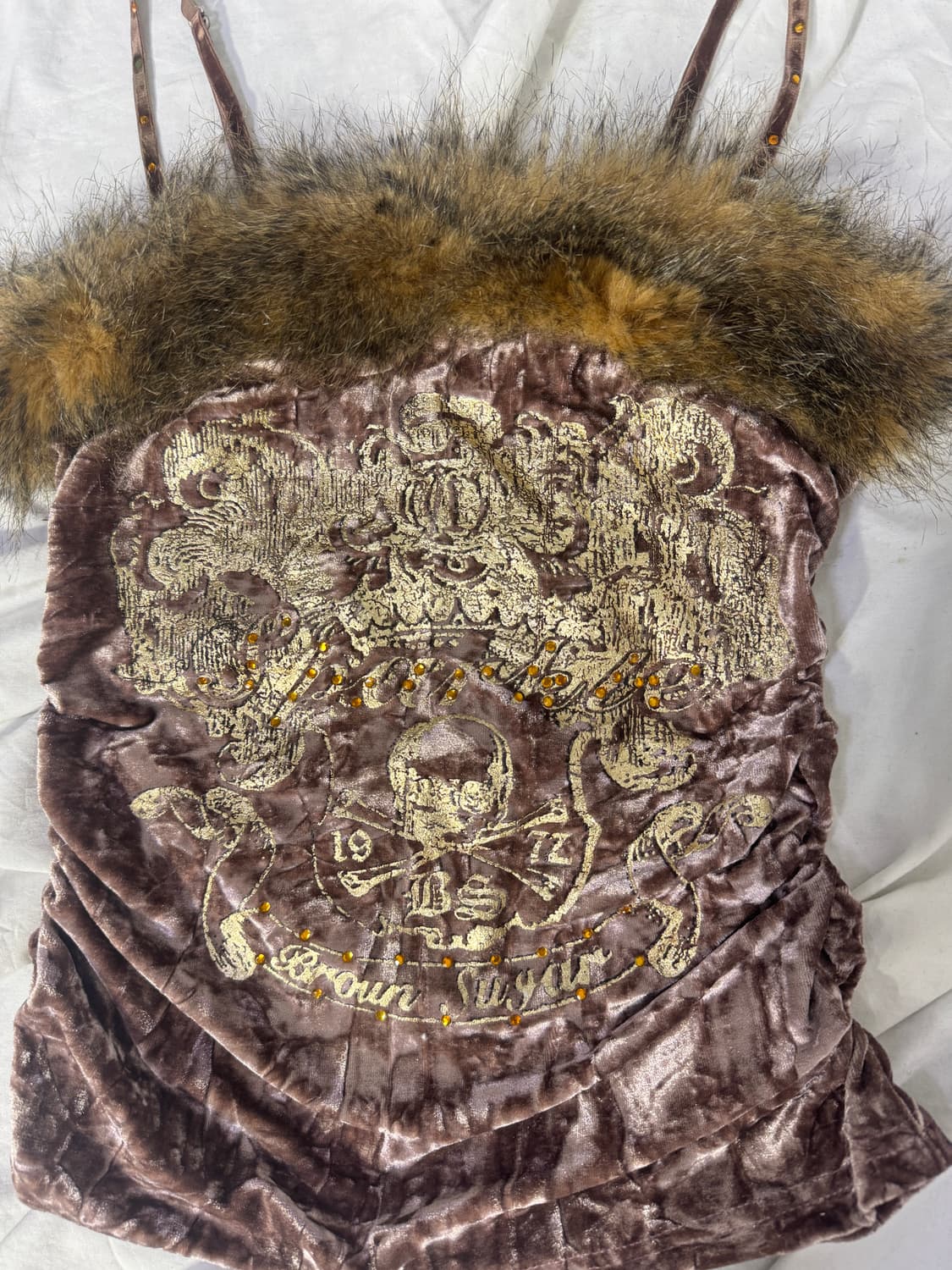 빈티지 스컬 레터링 벨벳 퍼 트리밍 캐미솔 y2k glam 펑크  상품이미지6