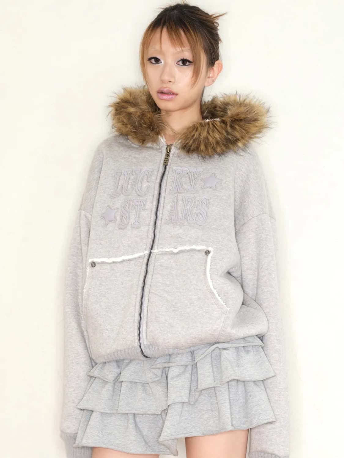 익스파이어드걸 보아 퍼 후드 집업 멜란지 그레이 상품이미지1