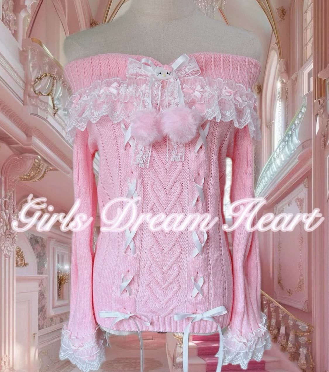 💗 헬로키티 핑크 오프숄더 갸루 캐캐체깔 니트 상품이미지2