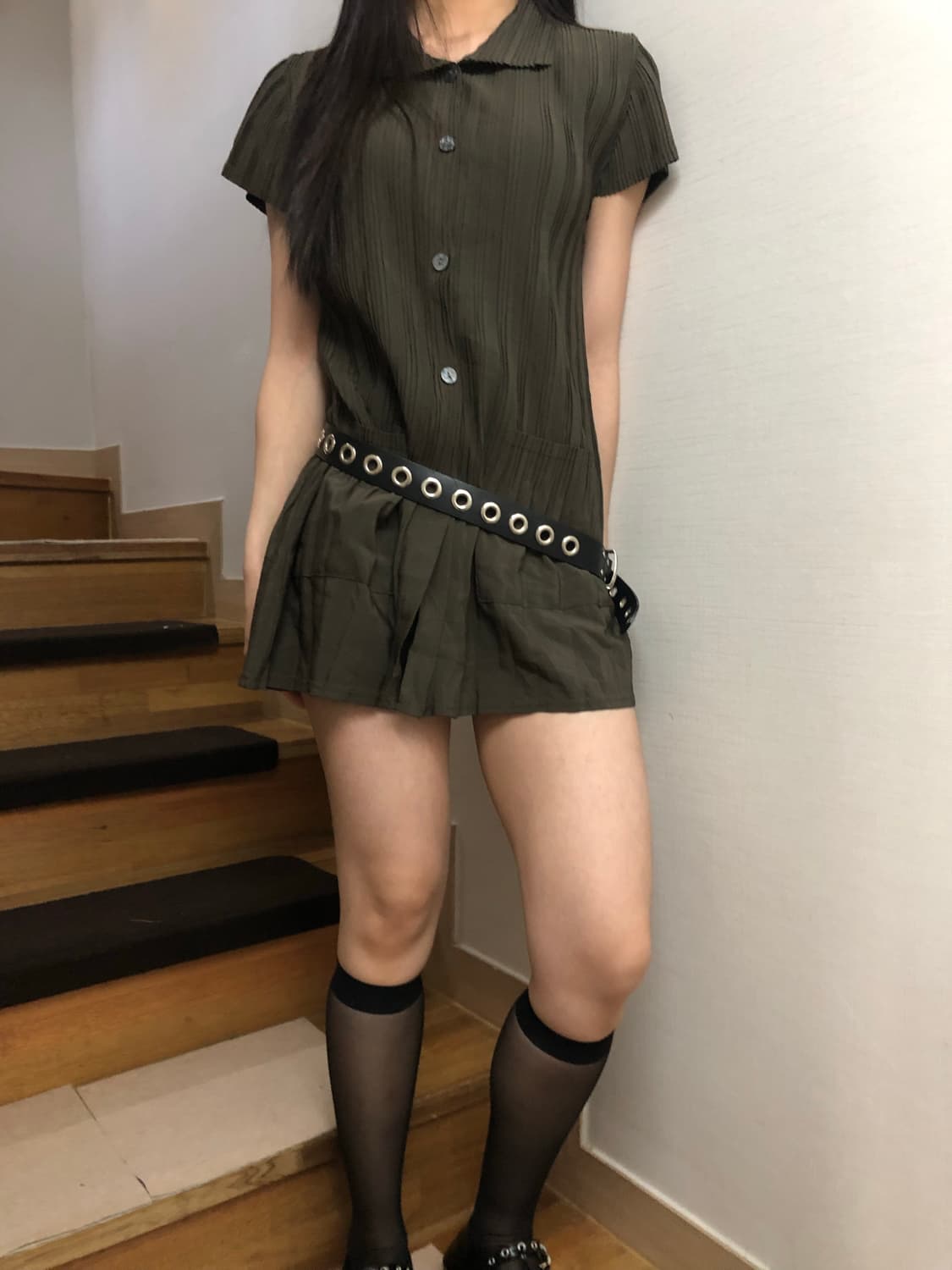 빈티지 카키 플리츠 미니 원피스 상품이미지5