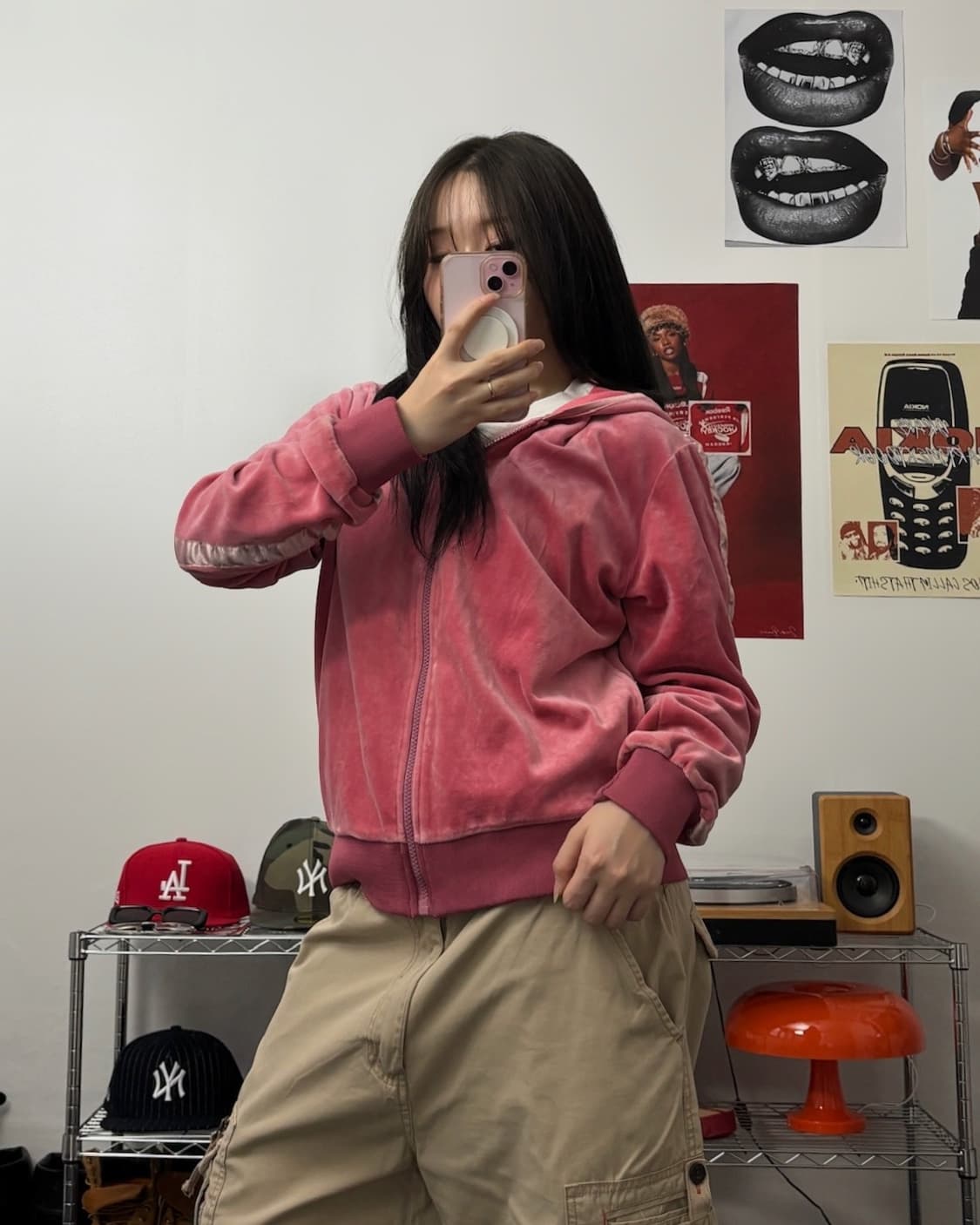 빈티지 벨벳 후드 핑크 트랙탑 져지 상품이미지1