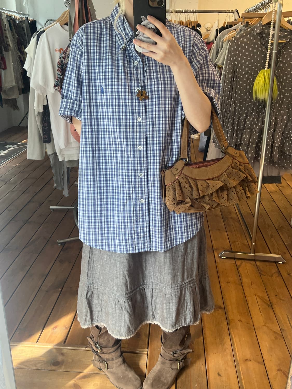 폴로 블루 체크 반팔셔츠  상품이미지1