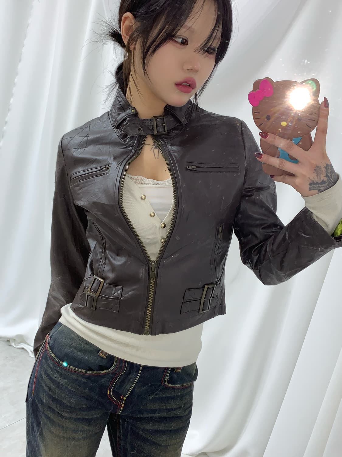 딥브라운 y2k 버클 딱붙 가죽자켓 상품이미지1