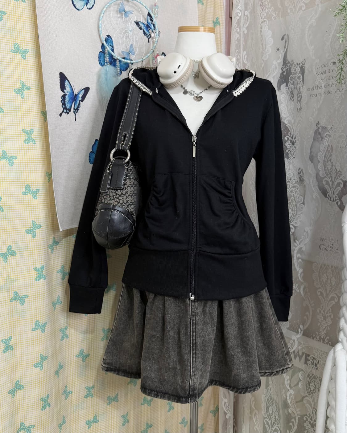 블랙 레이스 셔링 후드 집업 상품이미지3