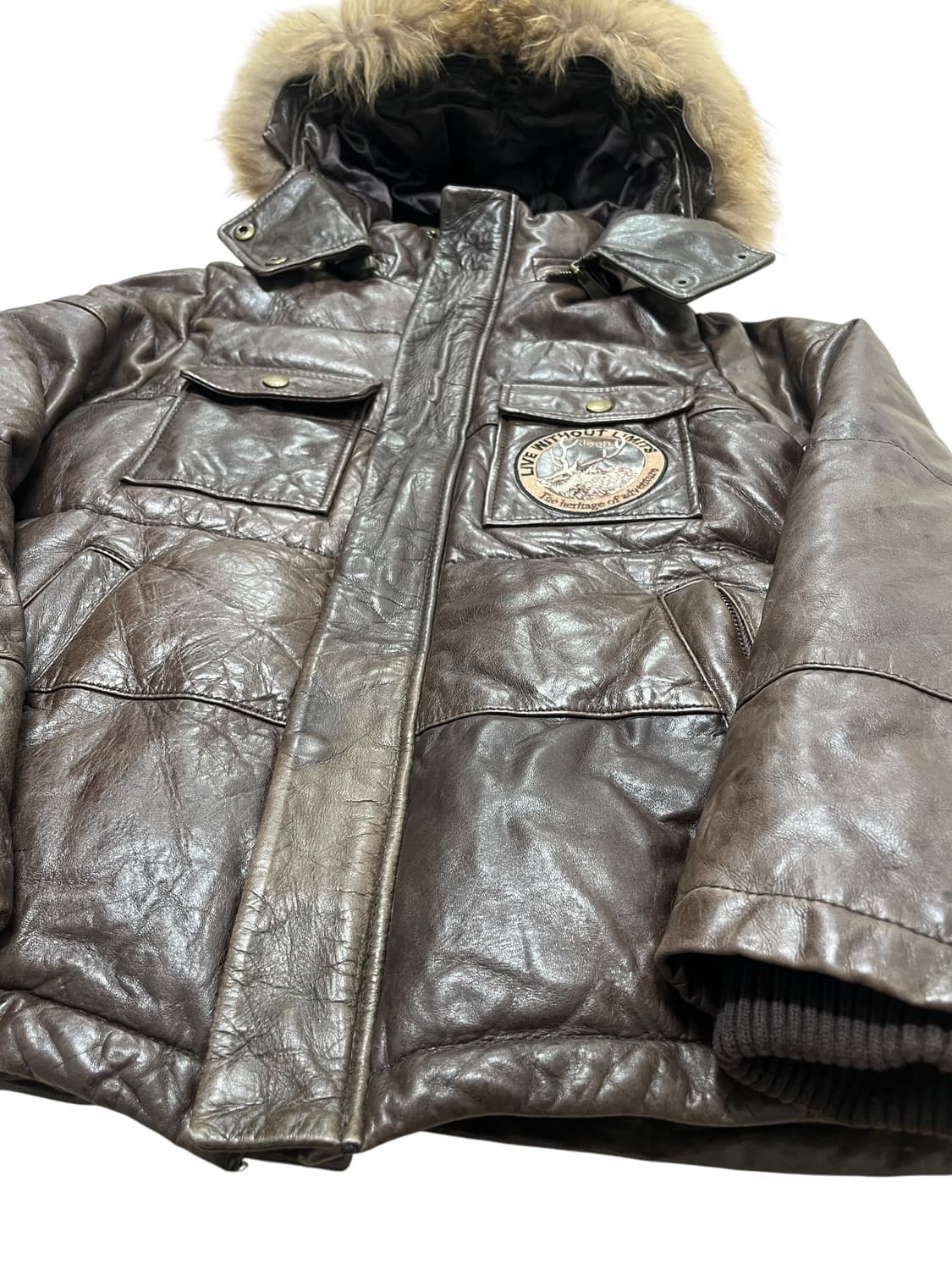 지프 양가죽 퍼 후드 레더 패딩 재킷 S 상품이미지3