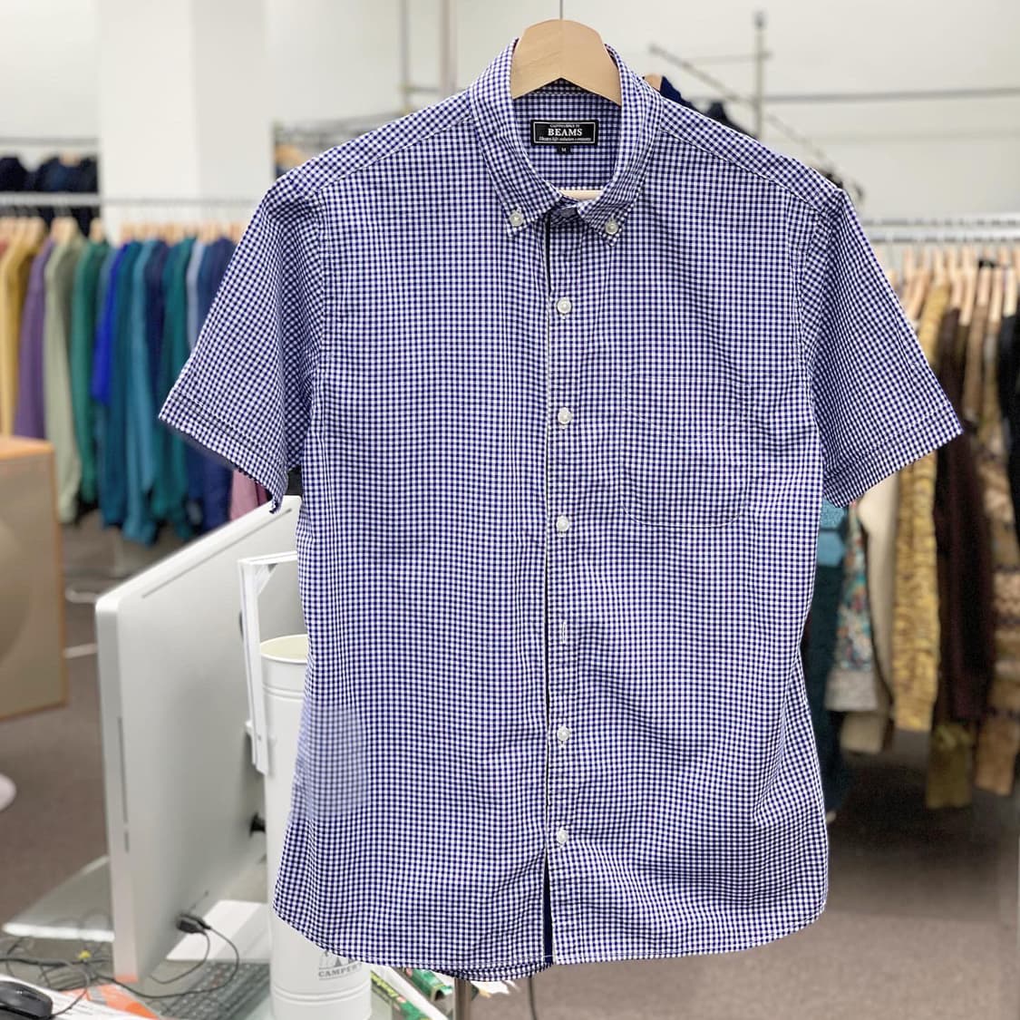 빔즈 블루 체크 삼선 디테일 하프 셔츠  상품이미지1