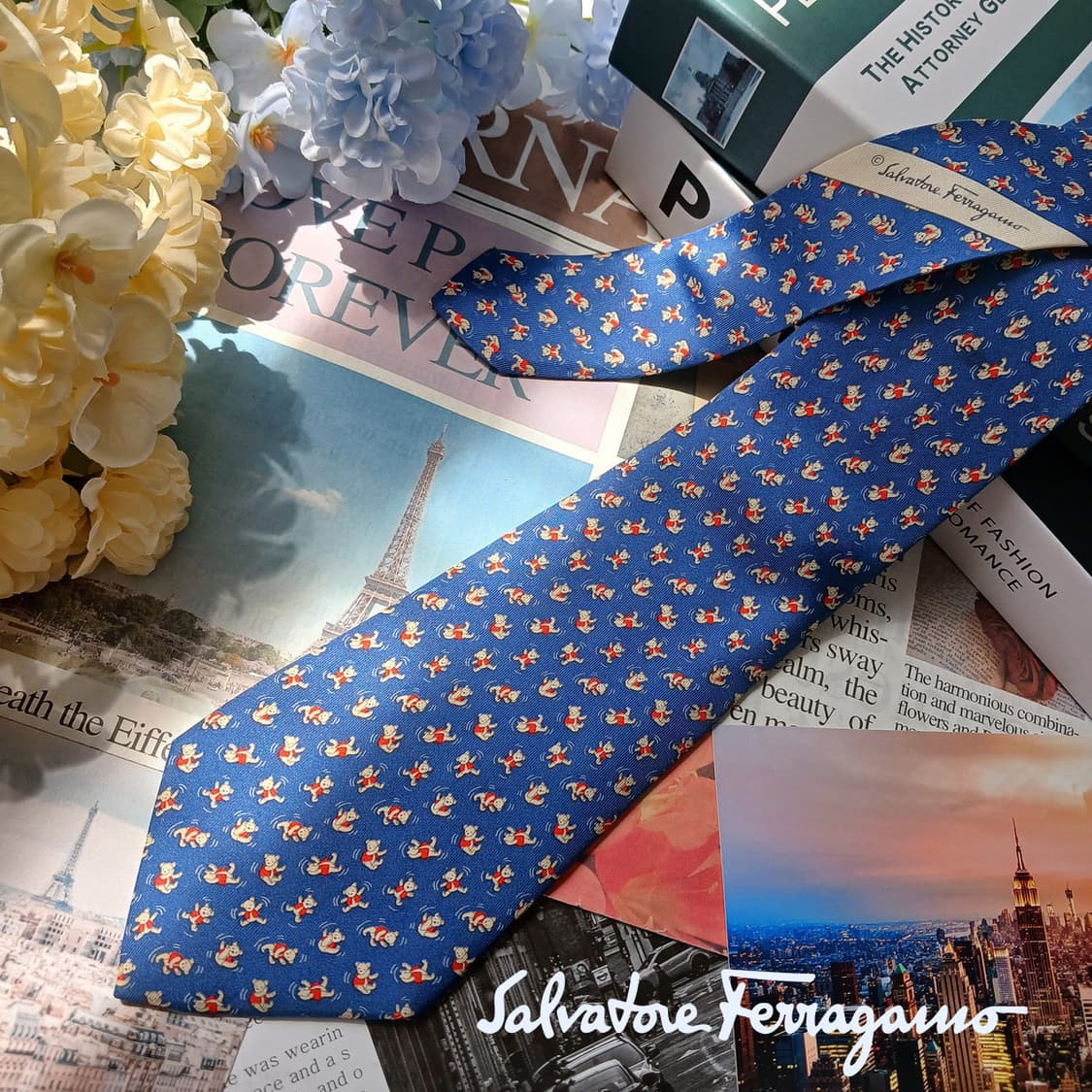 살바토레 페라가모 실크 블루 곰돌이 모티브 넥타이 9cm A등급 E959 상품이미지2