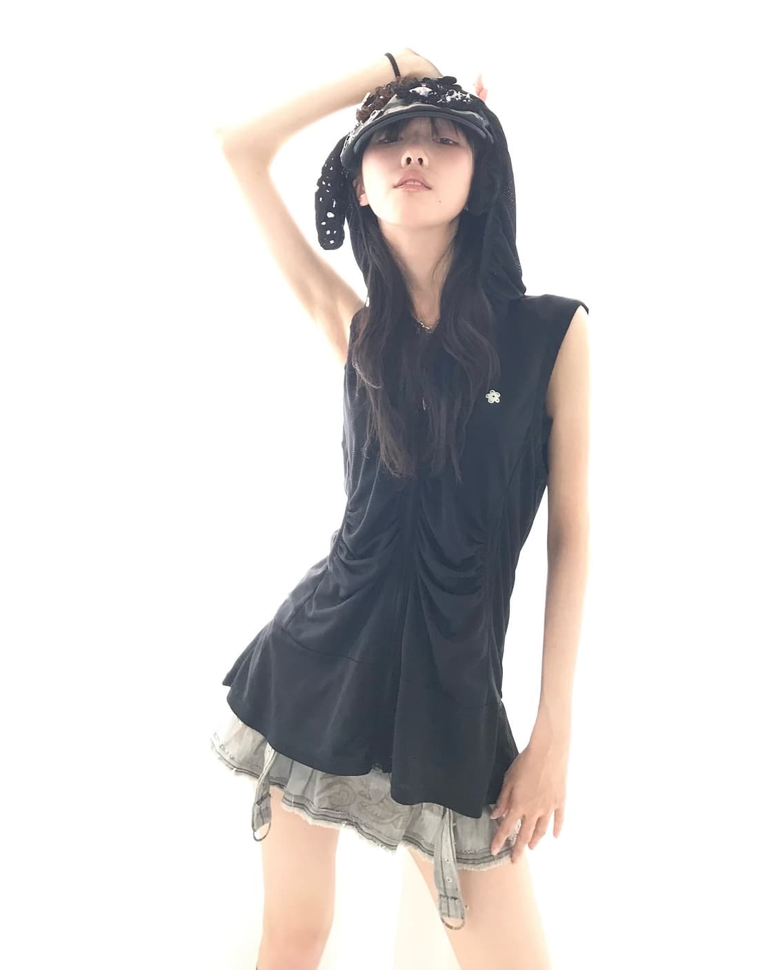 Black shirring hoodie mesh zip🤐onepiece 상품이미지1
