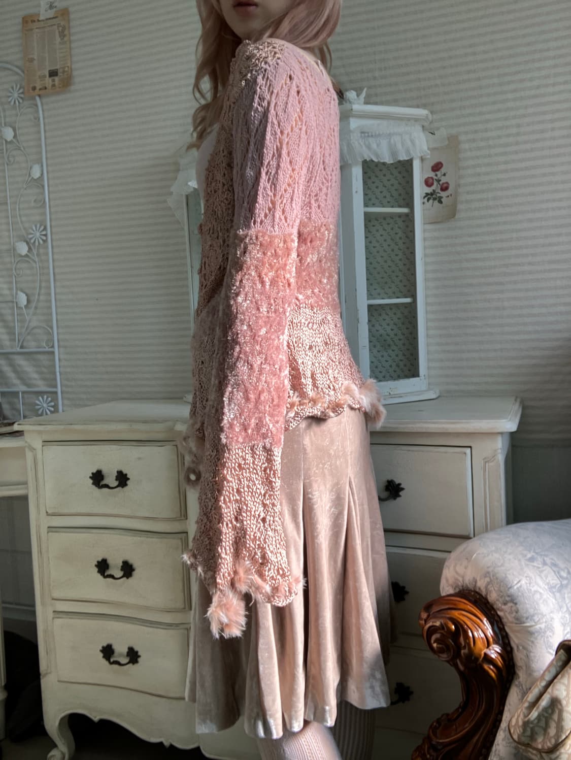 페어리 핑크 퍼 트리밍 아카이브 레이스 니트 가디건 상품이미지5