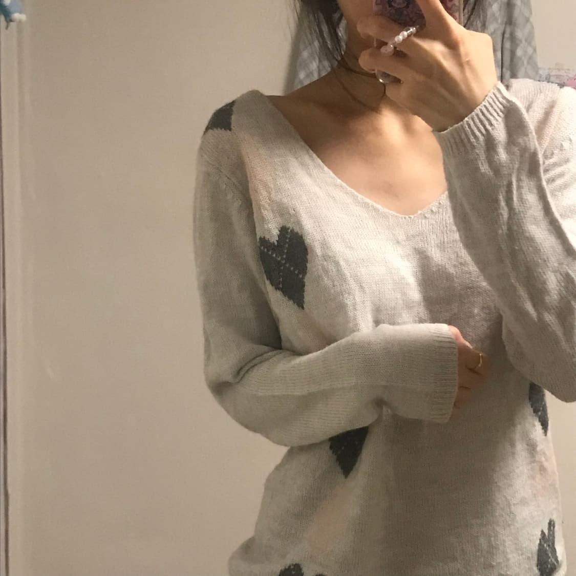 빈티지 회색 핑크 회핑 하트 아가일 니트 오프숄더 히메갸루 로걀 라떼 상품이미지1