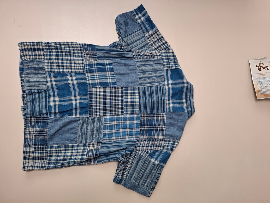 L 사이즈 RRL 인디고 블루 패치워크 반팔 셔츠입니다. 독특한 패치워크 상품이미지8